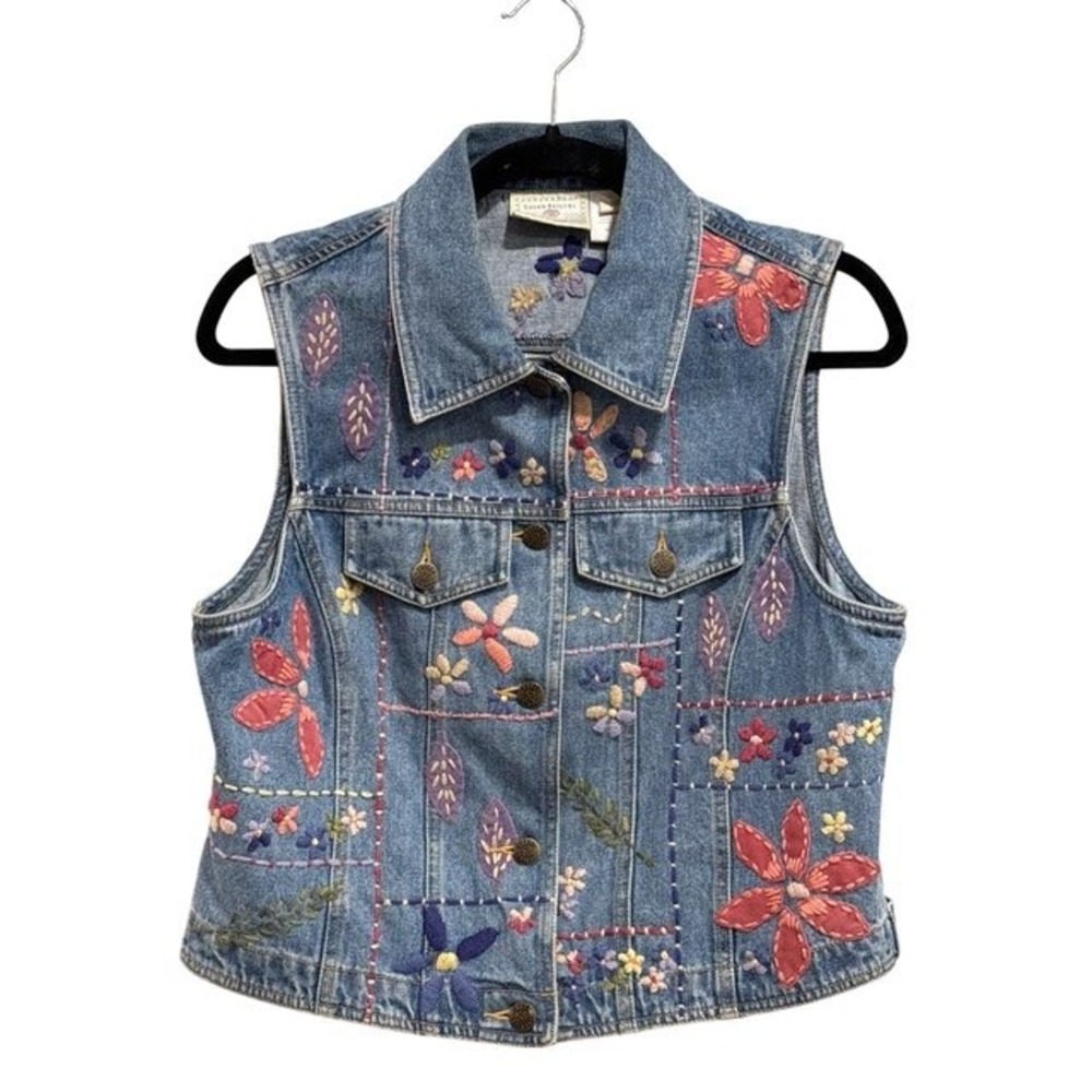 Vintage Susan Bristol Casuals Denim Vest Floral Embroidery Patchwork Small
